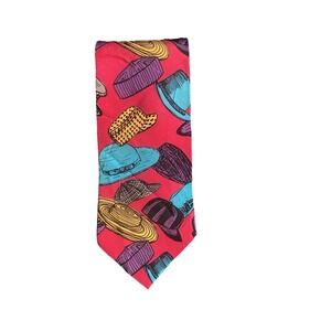 Hand-Painted Fabric Tie Red with Colorful Hats & Caps